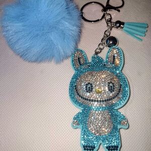 Blue Rhinestone Keychain with Pom Pom